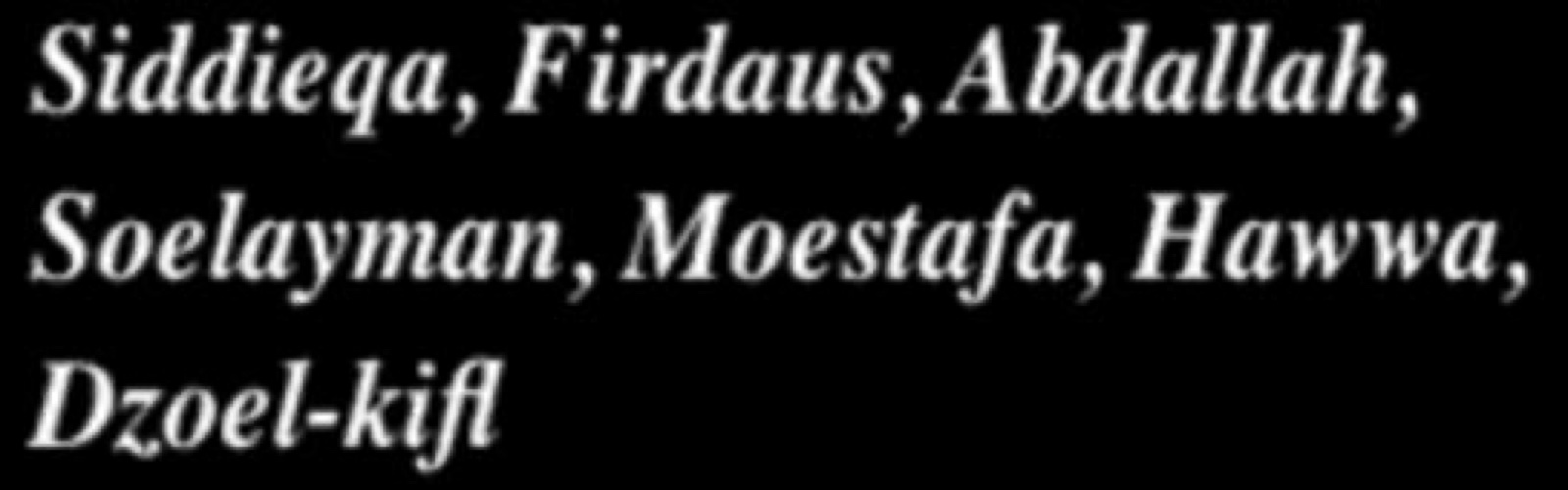Siddieqa, Firdaus, Abdallah, Soelayman, Moestafa, Hawwa en Dzoel-kifl